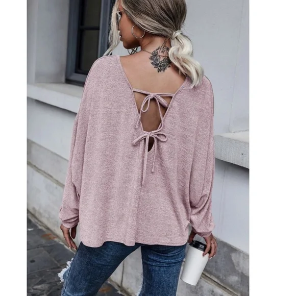 Pink Long Sleeve Tee Shirt V Cut Back Tie Back Long Sleeve Oversized - Picture 3 of 8